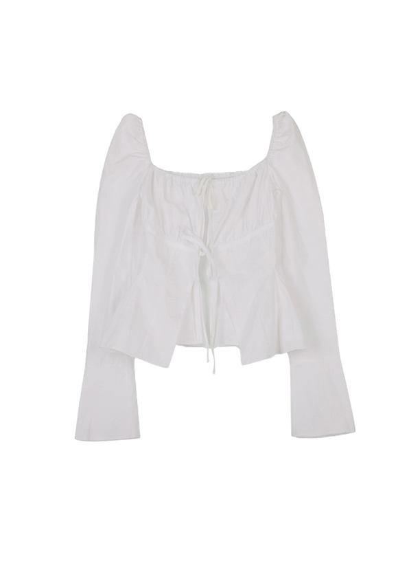 Hardcore Happiness Ribbon puff square-neck open blouse (White)