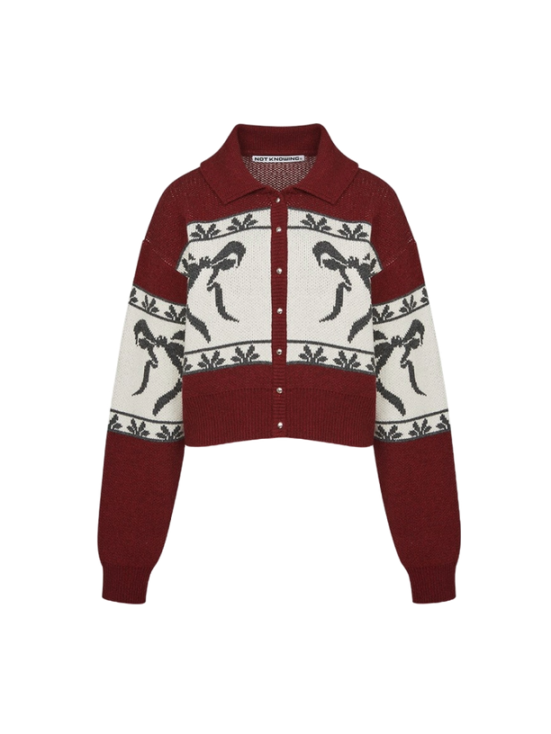 Not Knowing Cowichan Ribbon Crop Cardigan (DEEP RED)