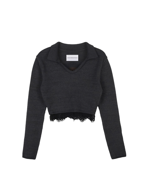 Hardcore Happiness Open collar lace crop knit (Charcoal)