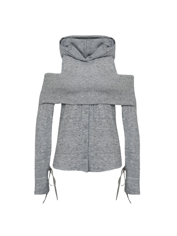 Not Knowing Off Shoulder Button Hoodie (MELANGE GREY)