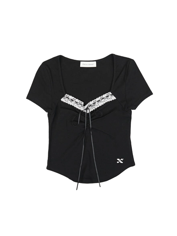 Etre Au Sommet LACE RIBBON SHIRRING SHORT SLEEVE