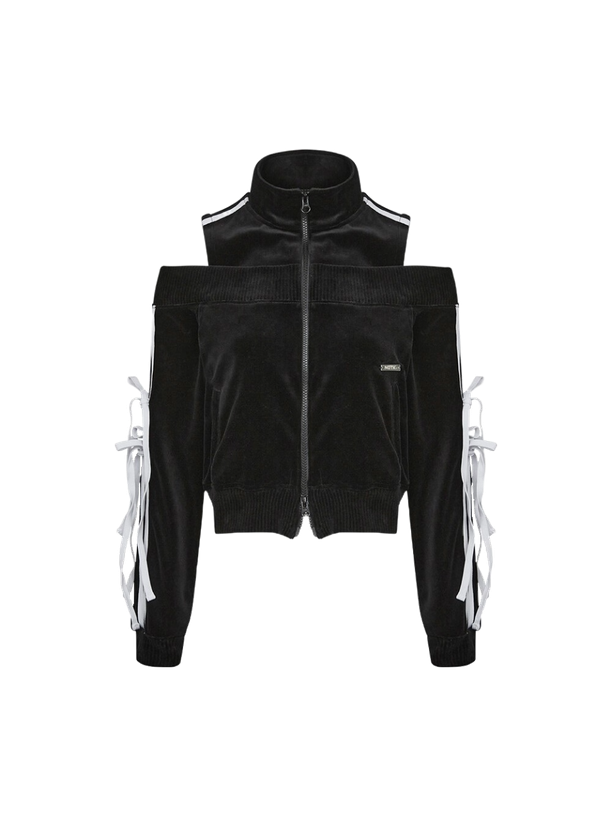 Not Knowing Velour Ribbon Track Top (BLACK)