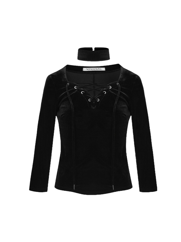 Not Knowing HEART LACE UP VELOUR TOP