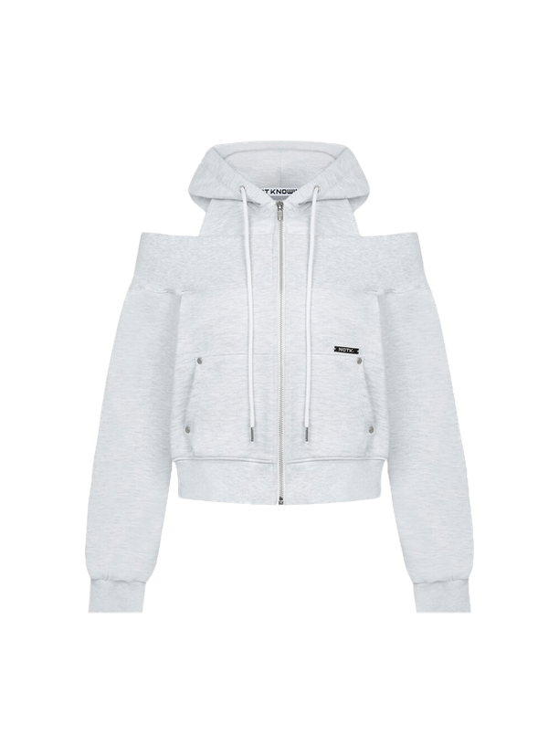 Not Knowing Open Shoulder Zip Up Hoodie (MELANGE WHITE)
