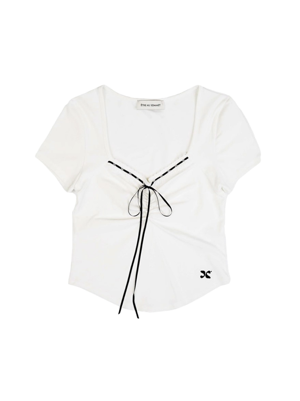 Etre Au Sommet LACE RIBBON SHIRRING SHORT SLEEVE